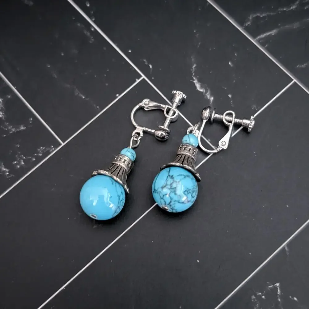 Vintage Clip On Earrings Silver Tone & Turquoise Tone Dangle Ball - Statement